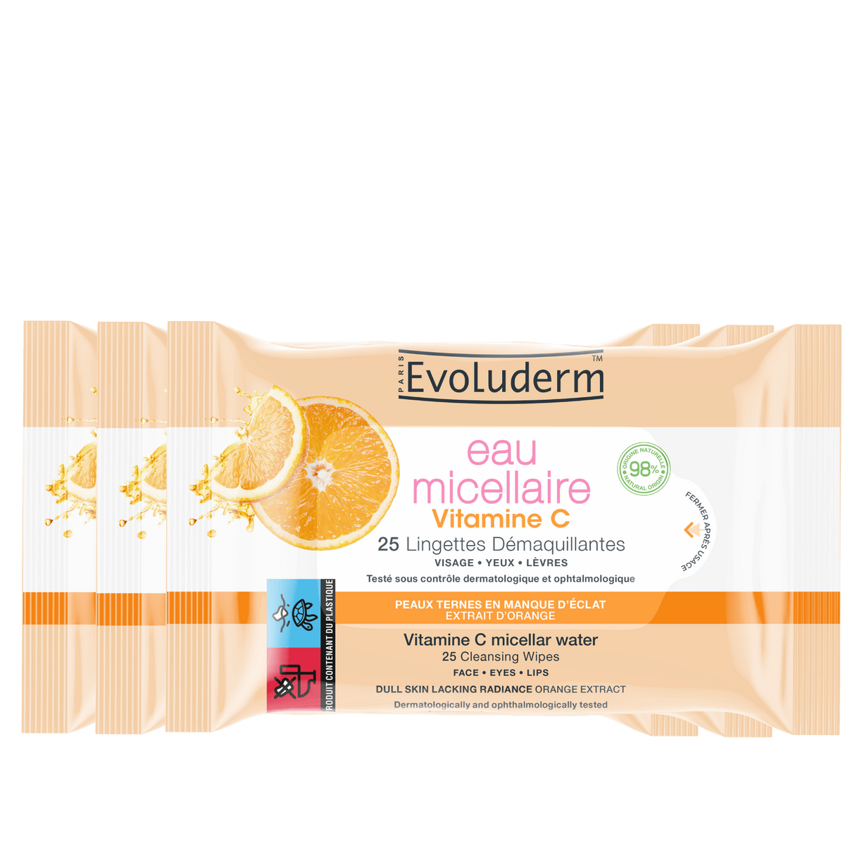 Pack de 3 toallitas desmaquillantes con agua micelar y vitamina C
