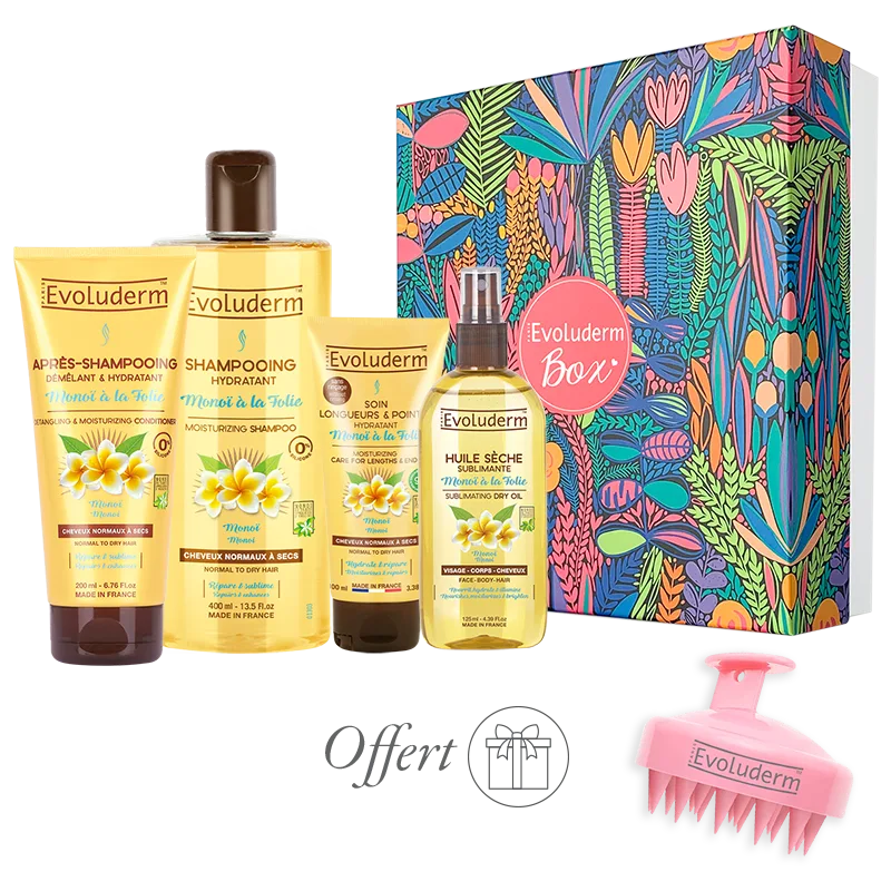 EVOLUDERM - Set de regalo para el baño de mujer: cuerpo y cabello con monoï de Tahití – 6 productos – Manopla exfoliante de regalo – Origen natural – Regalo de Navidad, cumpleaños, Día de la Madre