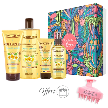 EVOLUDERM - Set de regalo para el baño de mujer: cuerpo y cabello con monoï de Tahití – 6 productos – Manopla exfoliante de regalo – Origen natural – Regalo de Navidad, cumpleaños, Día de la Madre