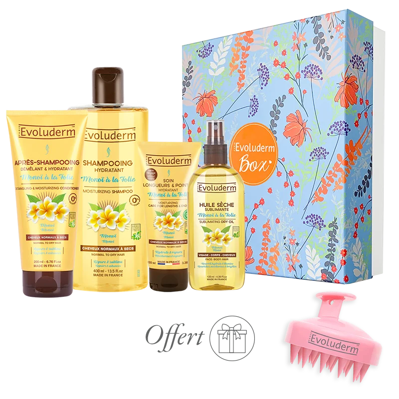 EVOLUDERM - Set de regalo para el baño de mujer: cuerpo y cabello con monoï de Tahití – 6 productos – Manopla exfoliante de regalo – Origen natural – Regalo de Navidad, cumpleaños, Día de la Madre