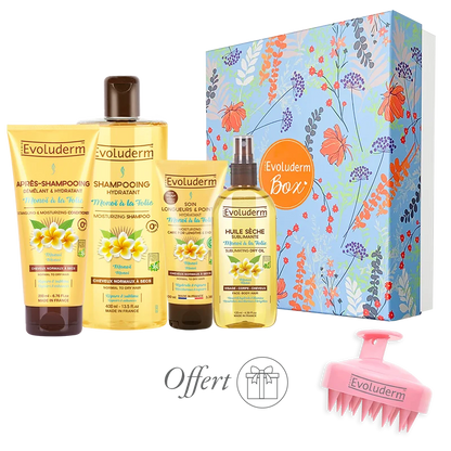 EVOLUDERM - Set de regalo para el baño de mujer: cuerpo y cabello con monoï de Tahití – 6 productos – Manopla exfoliante de regalo – Origen natural – Regalo de Navidad, cumpleaños, Día de la Madre