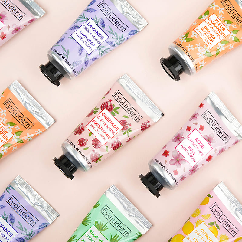 Coffret de crèmes mains Evoluderm, comprenant 5 fragrances.