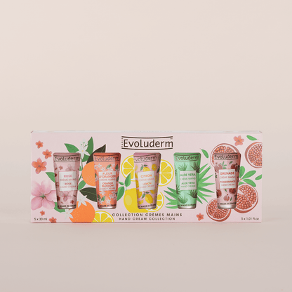 Coffret de crèmes mains Evoluderm, comprenant 5 fragrances.